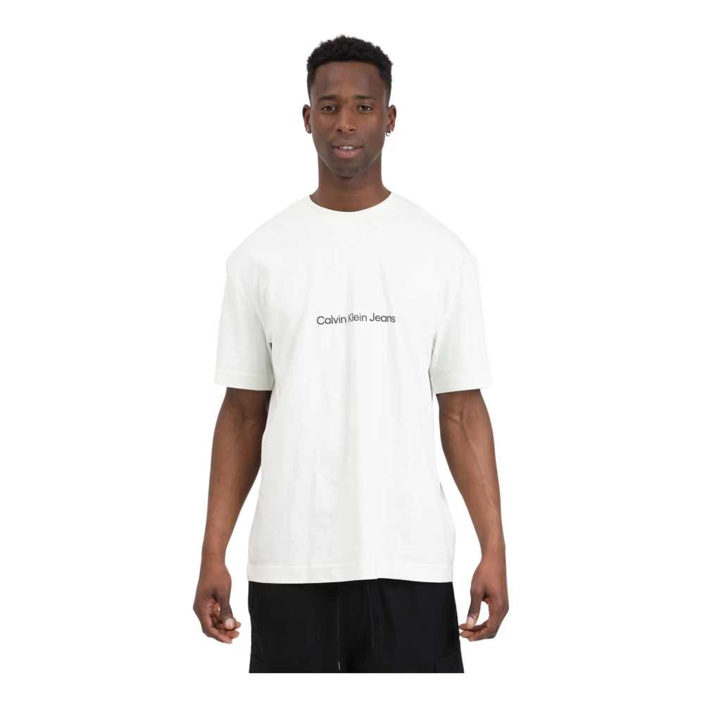 Calvin Klein Jeans Heren Crème Logo T-shirt Geribbelde Ronde Hals White Heren