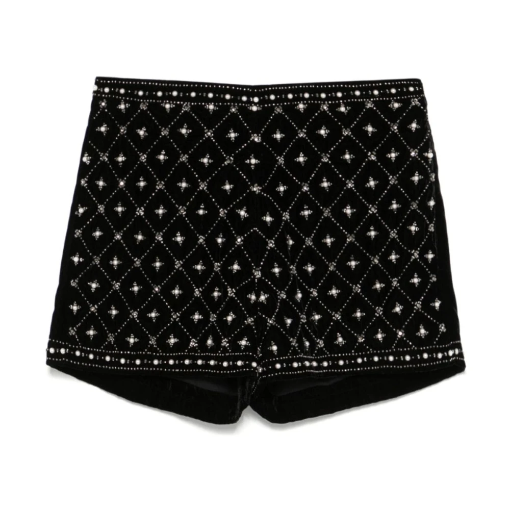 Twinset Zwarte Fluwelen Shorts met Geometrisch Patroon Black Dames