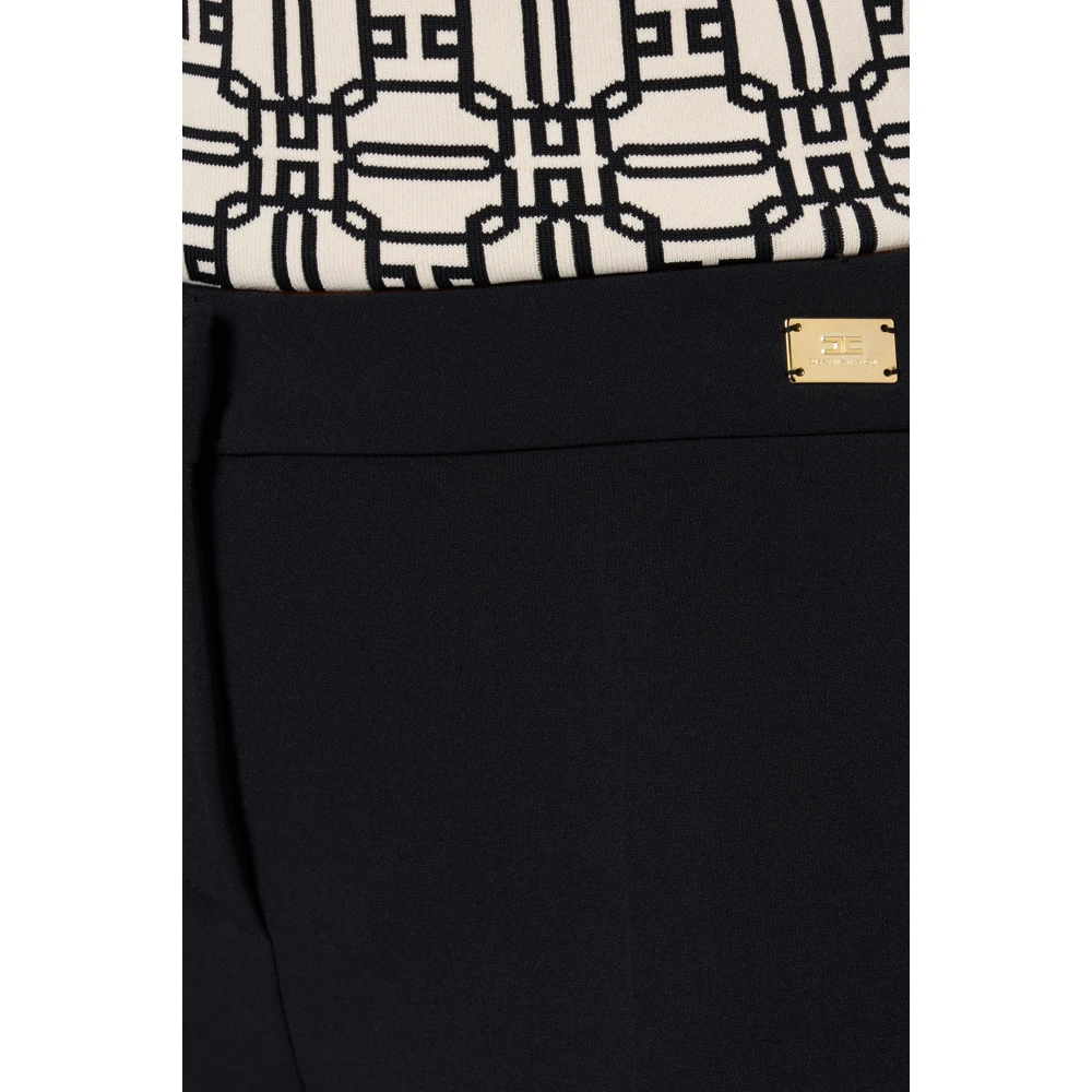Elisabetta Franchi Zwarte Rechte Crepe Broek met Gouden Logo Black Dames