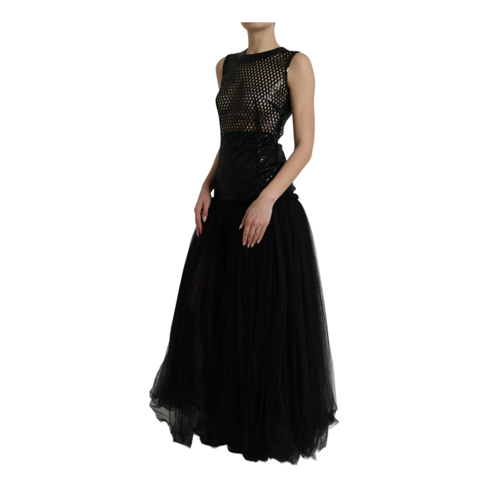 Dolce & Gabbana Elegant Zwart Paillet Mesh Gown Jurk Black Dames