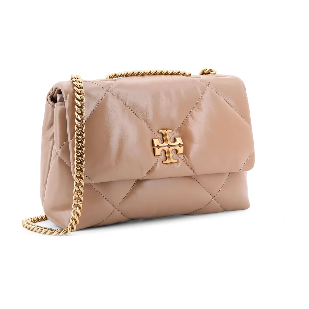 TORY BURCH Matelassé leren schoudertas met metalen logo Beige Dames