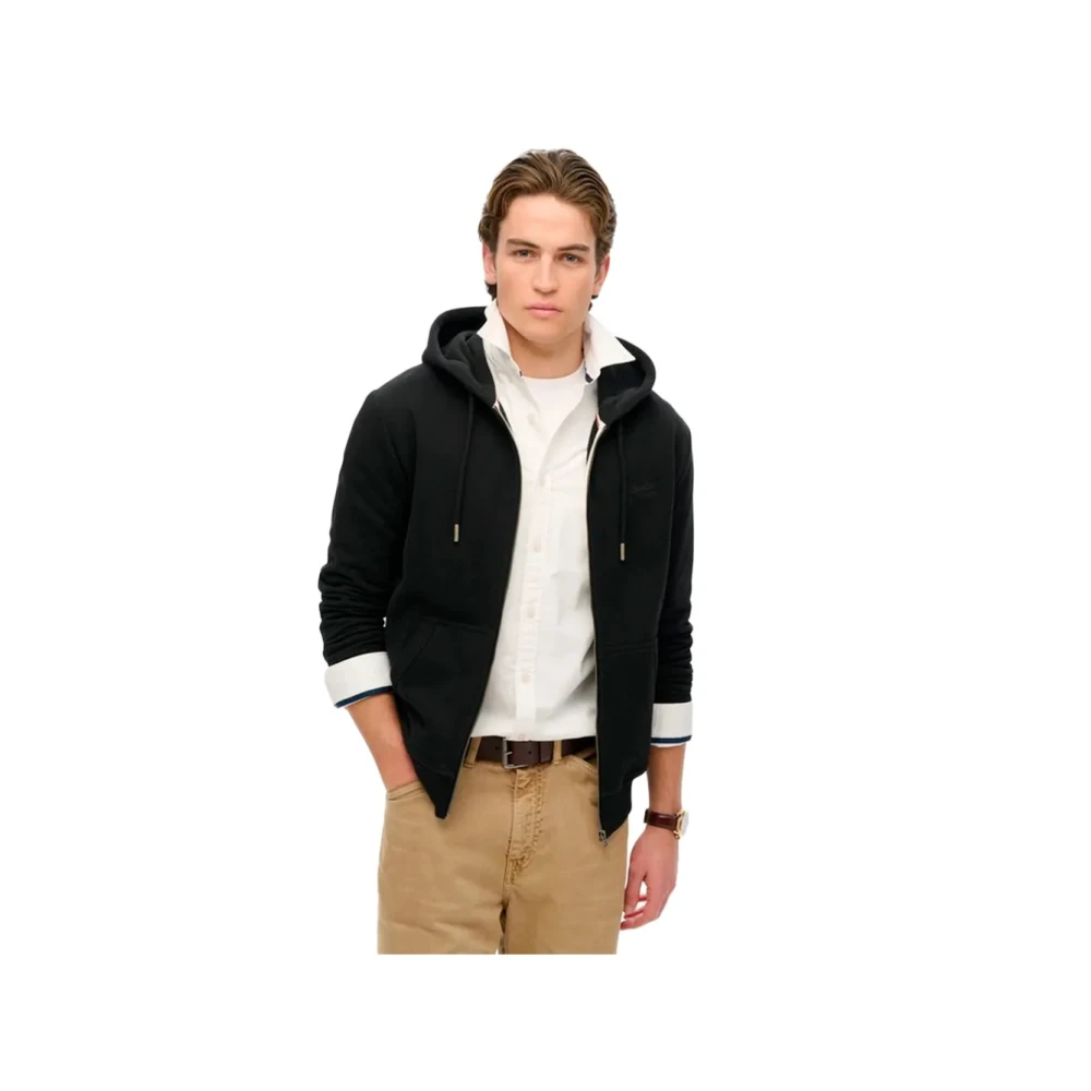 Felpa Superdry Felpa Con Cappuccio E Zip Con Logo Essenziale Uomo Nero Piccolo - Immagine 4