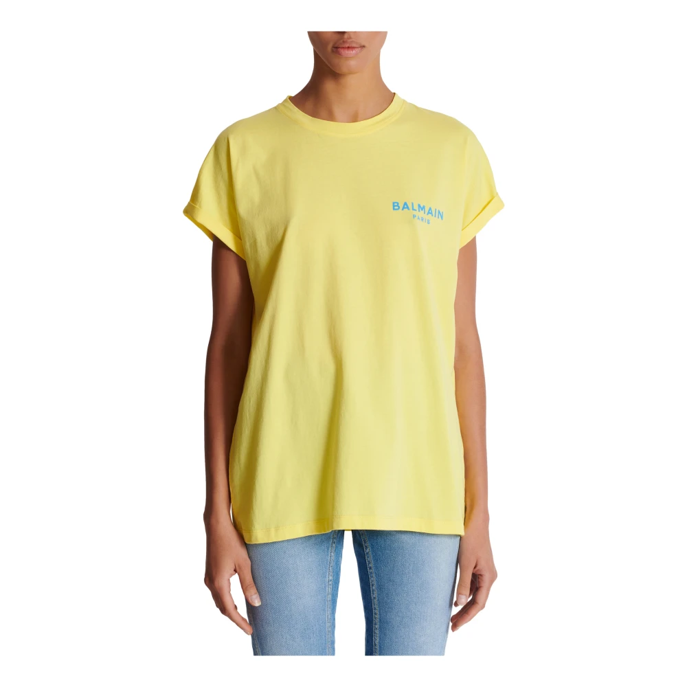 Balmain T-shirt met gevlokt Paris-logo Yellow Dames