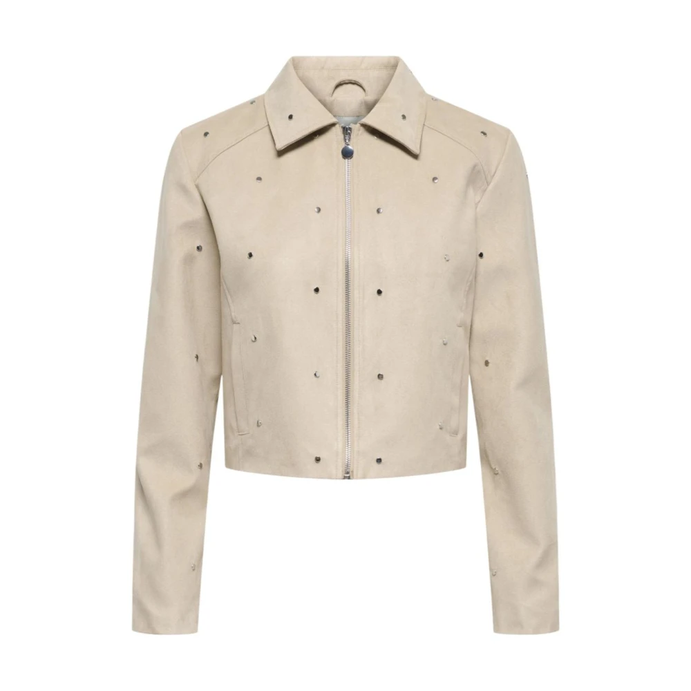 Jacqueline De Yong Women's Beige Classic Round Neck Long Sleeve Blazer With Zip