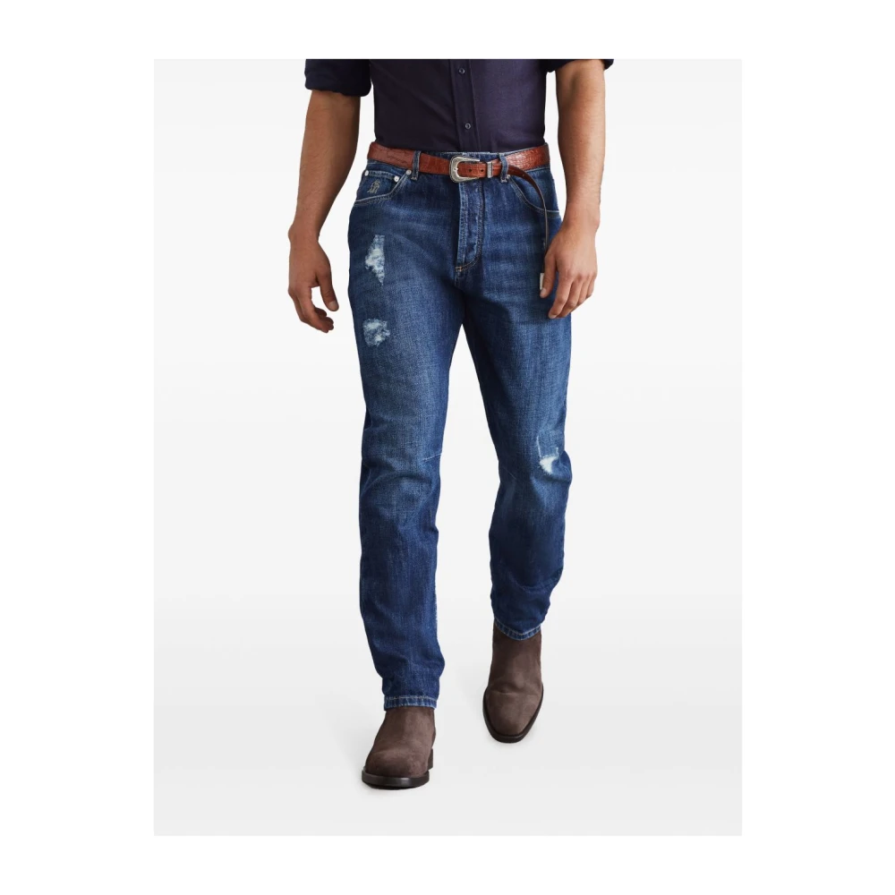 BRUNELLO CUCINELLI Blauwe Distressed Katoenen Broek Blue Heren