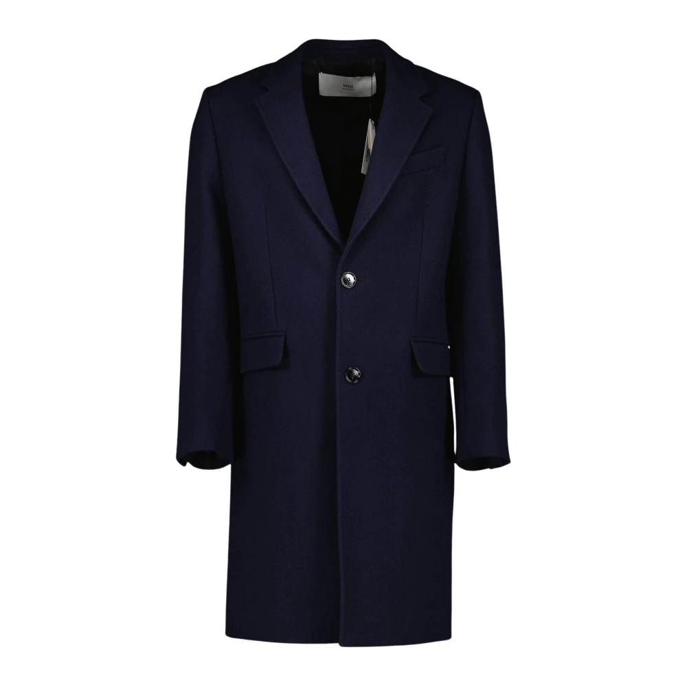 Ami Paris Men's Blue Single-Breasted Coats, Xl, Wool Coat Navy Classic Style