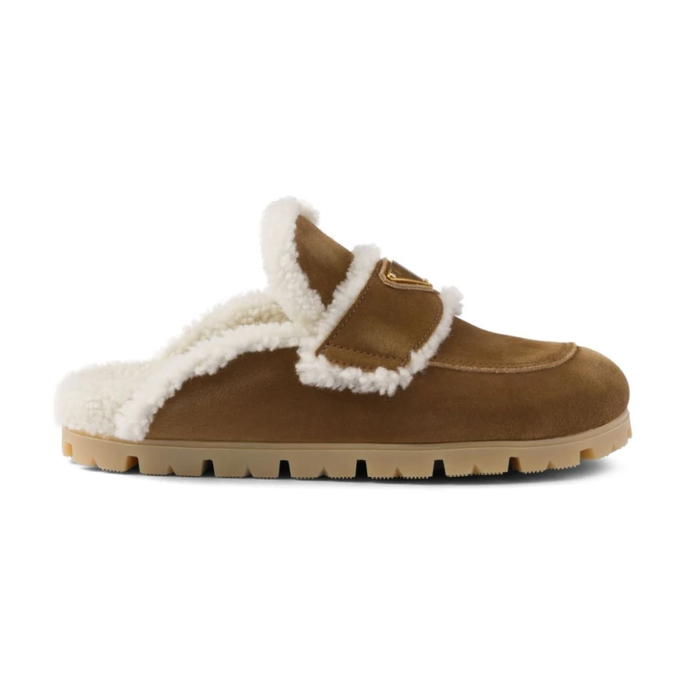 Prada Shearling Trim Slip-On Platta Skor Brown, Dam