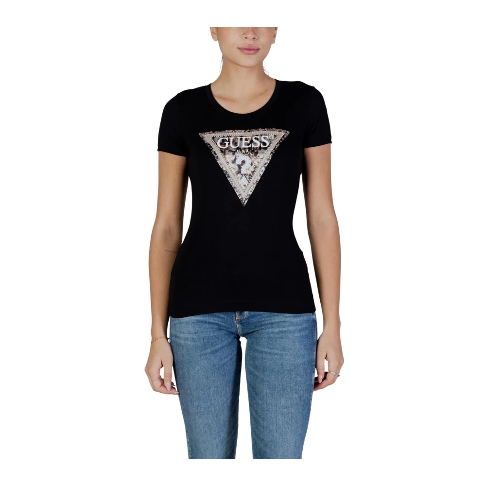 Guess , T-Shirts, Female, Black, S, Printed Short Sleeve Round Neck T-Shirt