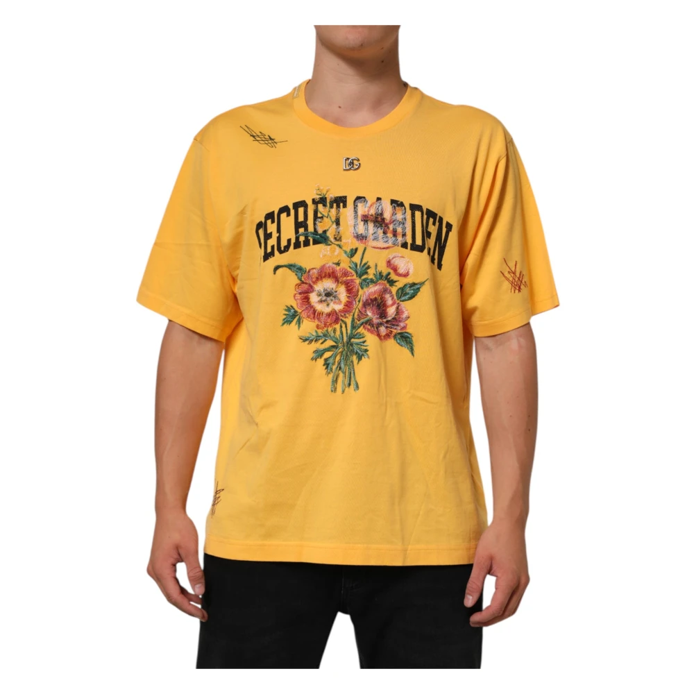 Dolce & Gabbana Yellow T-Shirts, Male, L, Floral Cotton Crewneck T-Shirt