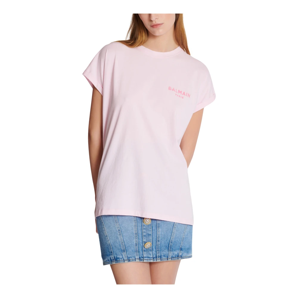 Balmain T-shirt met flock Paris logo Pink Dames
