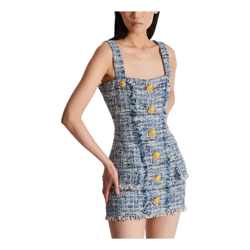 Balmain Korte tweedjurk met bandjes Blue Dames