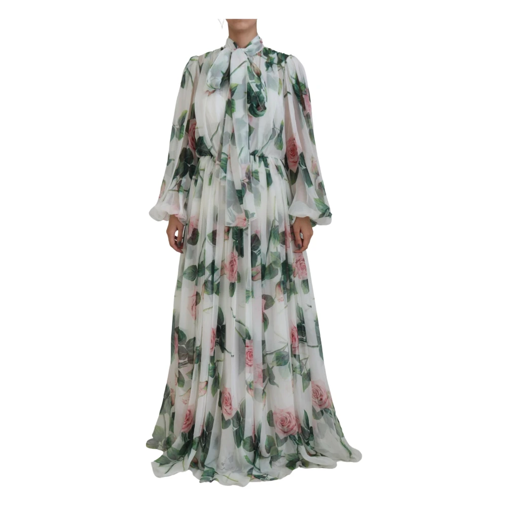 Dolce & Gabbana Women's White Floral Roses Silk Maxi Long Gown Dress