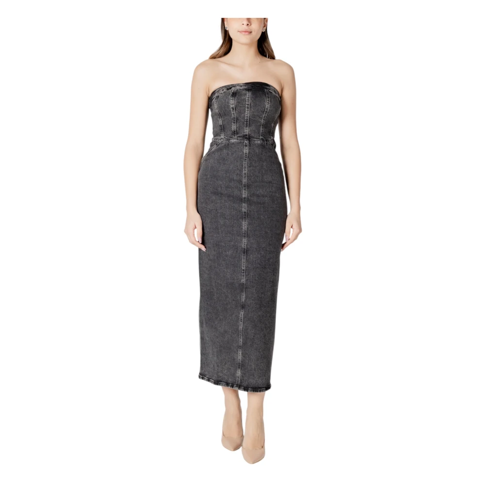 Ichi Zwarte ritskatoenen jurk Gray Dames