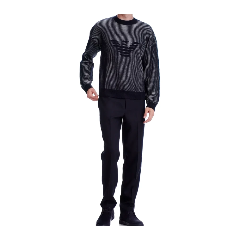 Emporio Armani Gezellige wol-katoenen trui met verticaal tweekleurig patroon Black Heren