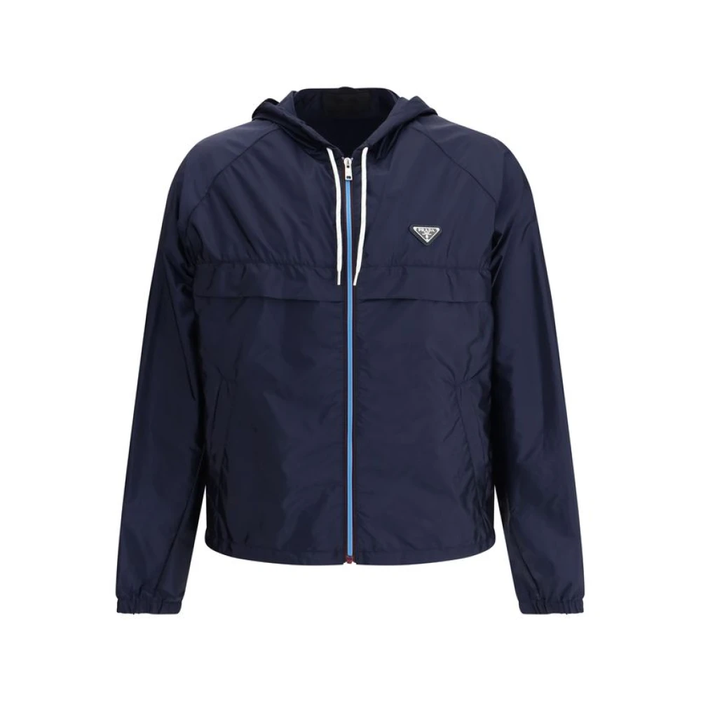 Prada Waterproof Hooded Jacket With Metal Plaque - Male - Light Jackets - Blue - Xl - Jackets