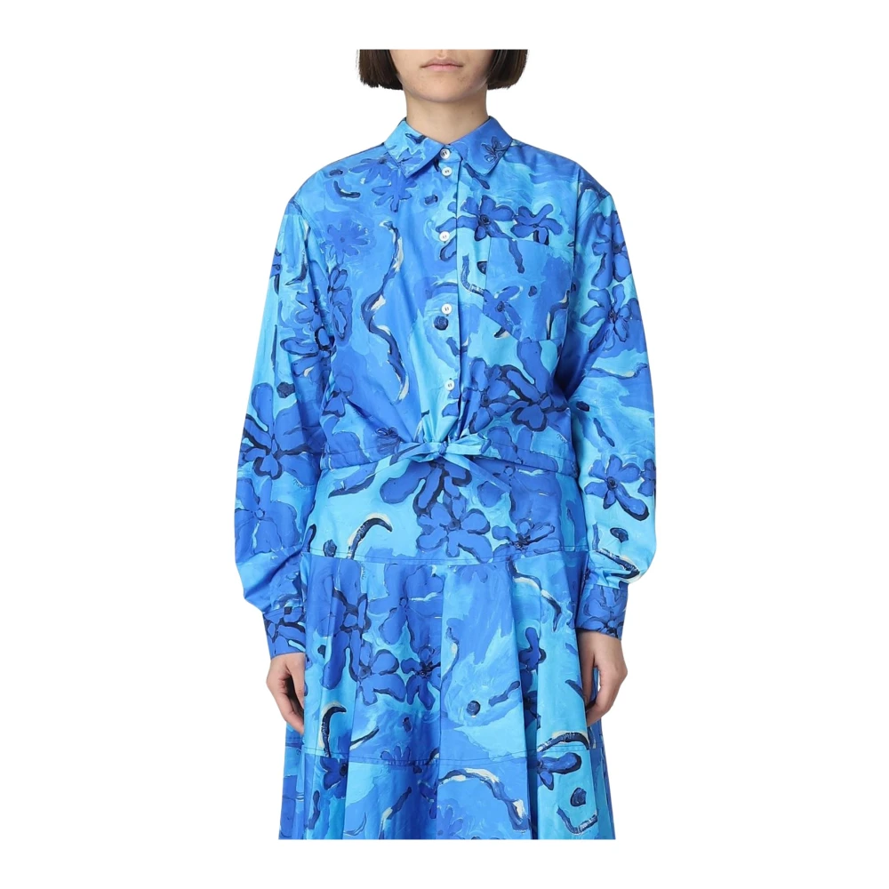 Marni Women's Blue Floral Poplin Shirt Dress
