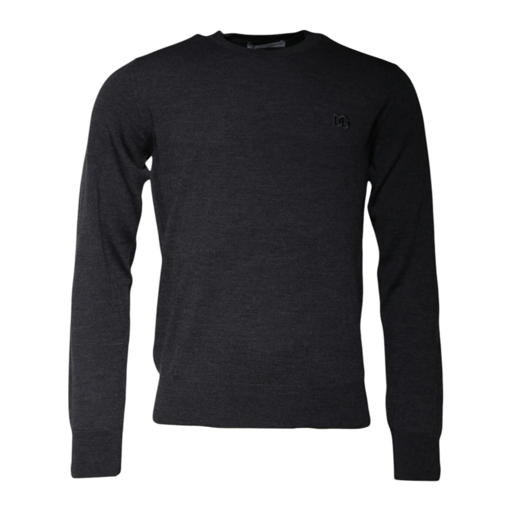 Dolce & Gabbana Men's Gray Round-Neck Knitwear, S, Logo Embroidered Wool Pullover Jumper