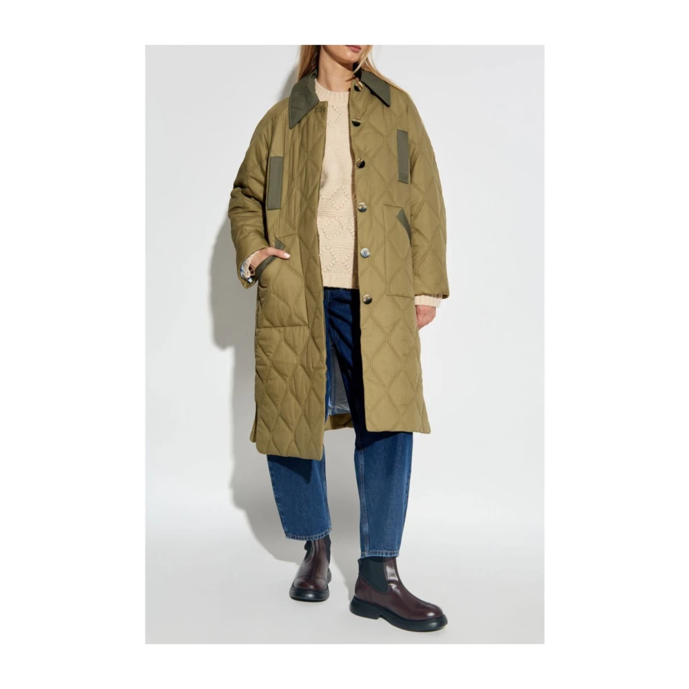 Ganni Gevoerde Groene Parka met Zijsplitten Green Dames