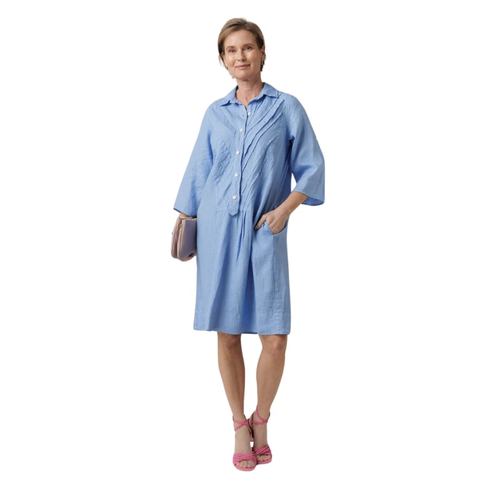 Rosso35 Lichtblauwe Linnen Jurk met Kraag Blue Dames