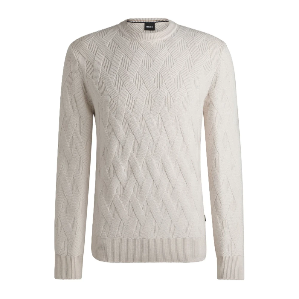Boss Witte Gevlochten Crewneck Sweater White Heren
