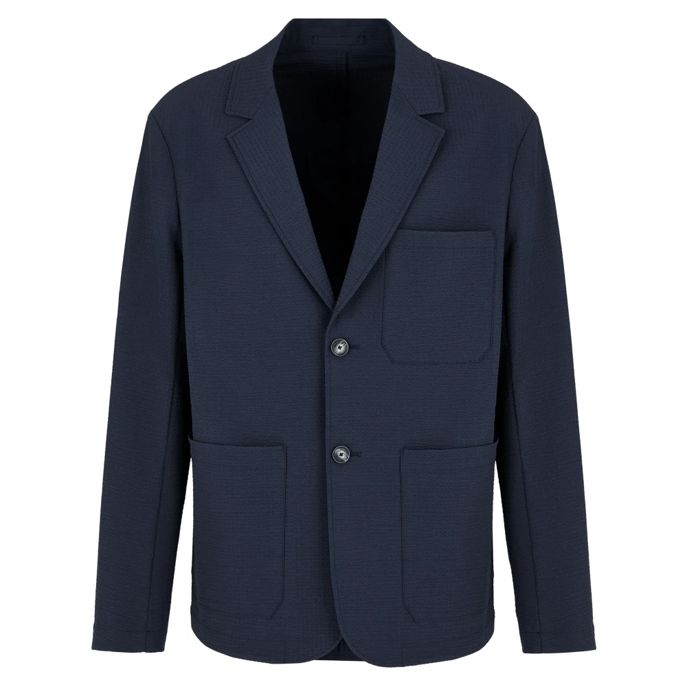 Emporio Armani Seersucker Monopetto Jas met Revers Kraag Blue Heren