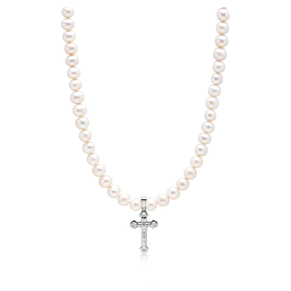 Nialaya Pearl Necklace with Silver Cross Gray, Herr