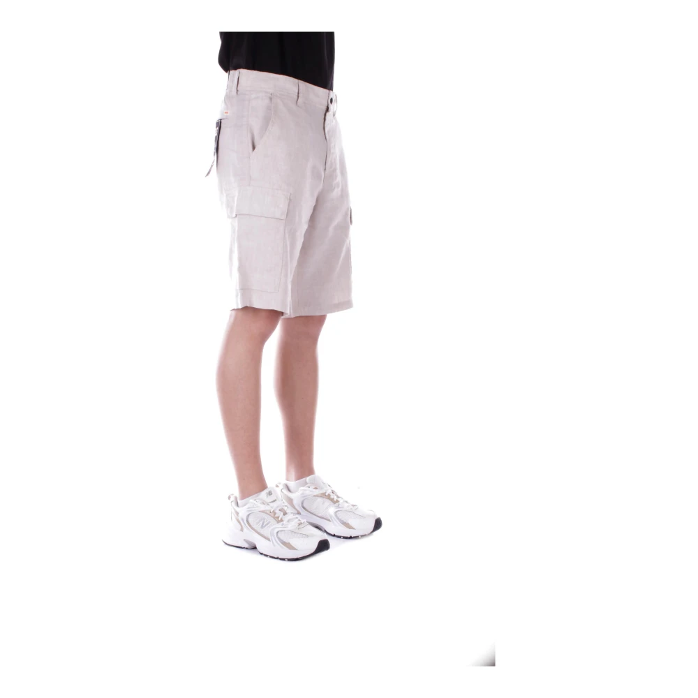 Hugo Boss Beige Linnen Shorts Rits Knoop Zakken Beige Heren