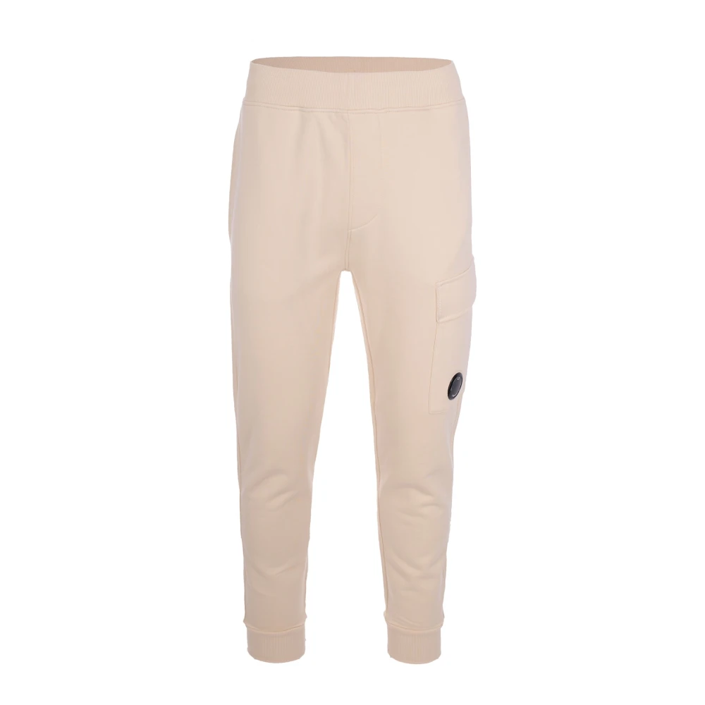 C.p. Company Men's Beige Sweatpants, L, Diagonal Raised Fleece Cargo Lens Joggers