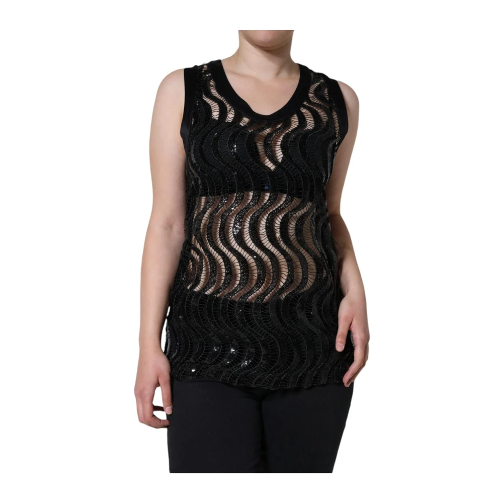 Dolce & Gabbana , Sleeveless Tops, Female, Black, M, Sequined Lace V-Neck Sleeveless Top