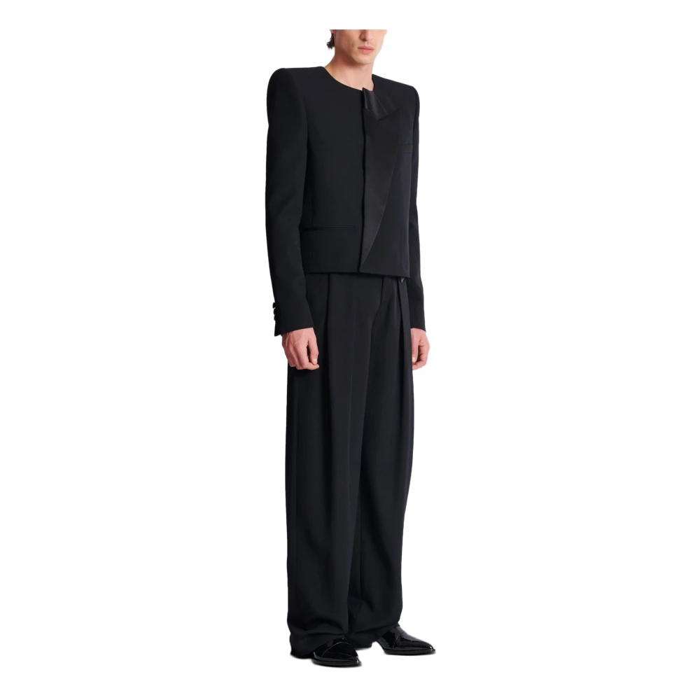 Balmain Geknipte grain de poudre jas met asymmetrische kraag Black Heren