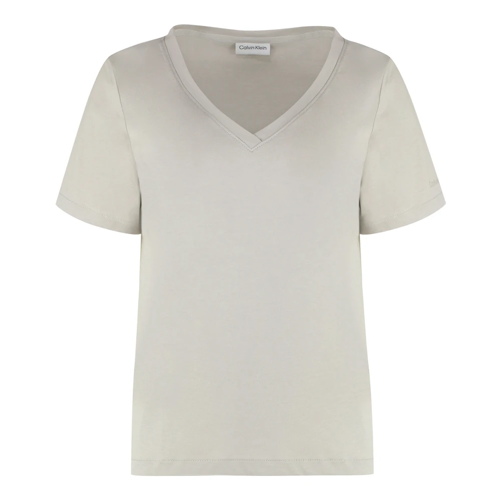 Calvin Klein Geribbelde kraag katoenen T-shirt Beige Dames