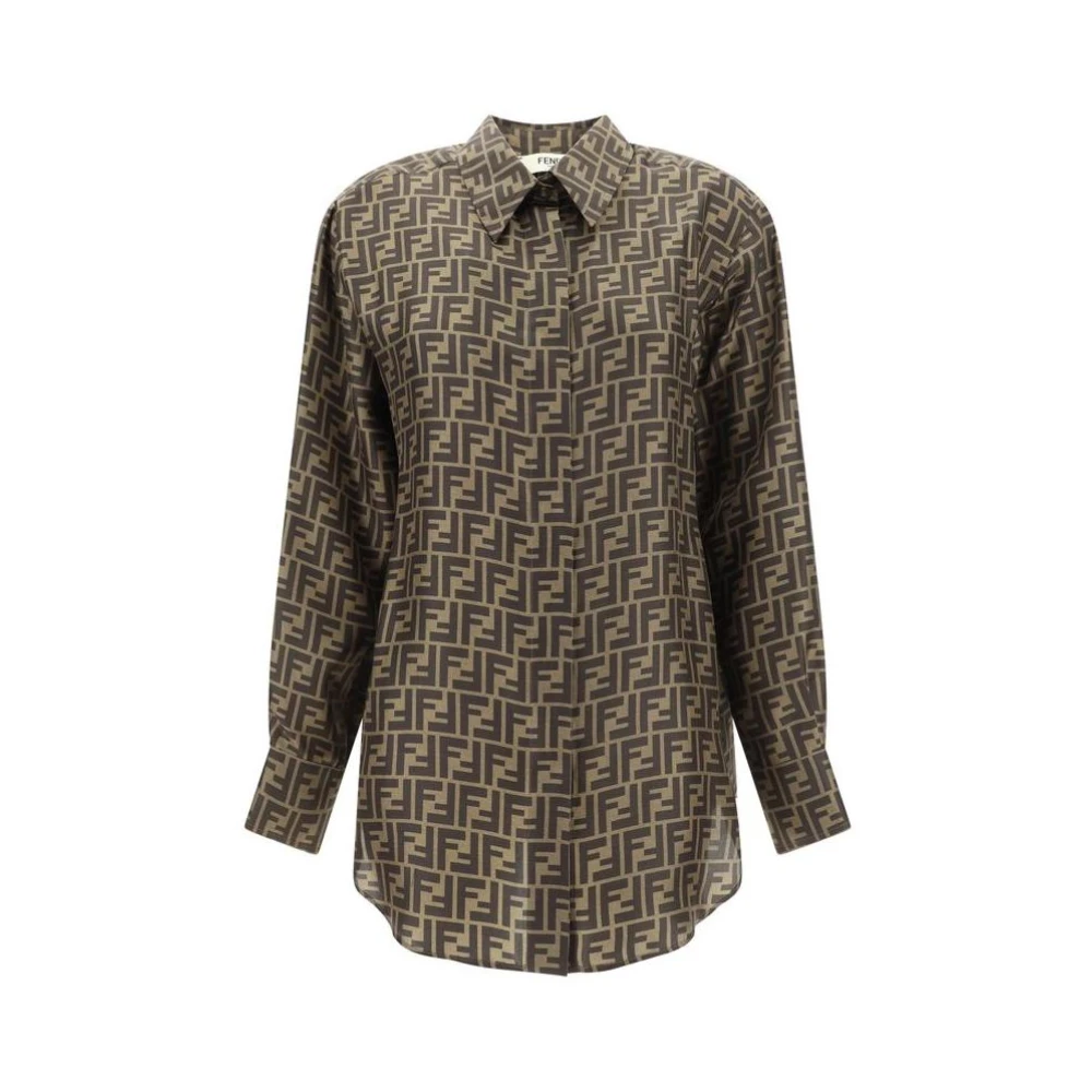Fendi Zijden Shirt met Klassieke Kraag en Iconisch Logo Brown Dames