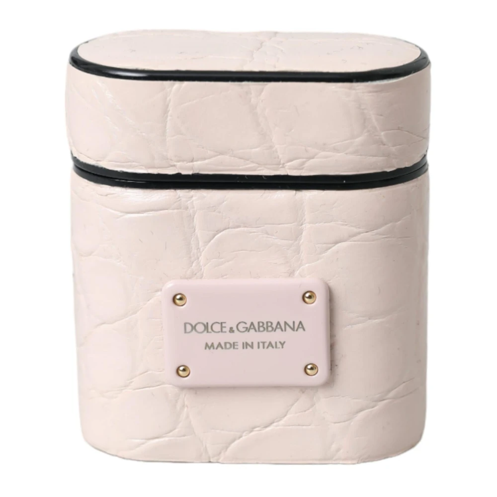 Dolce & Gabbana Metalen Logo Plaque Leren Airpods Hoesje Pink Dames