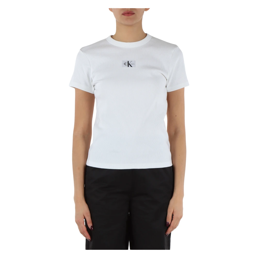 Calvin Klein Jeans Stretch Katoenen Geribbelde T-shirt White Dames