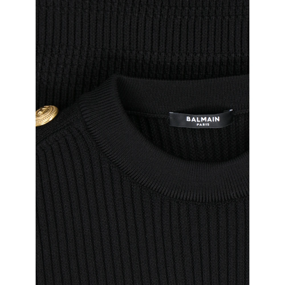 Balmain Zwarte Geribbelde Trui met Gouden Knopen Black Dames