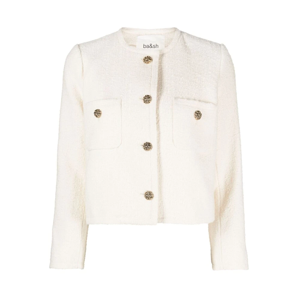 BA&SH Tweed Jas Gouden Knoop Ronde Hals Beige Dames