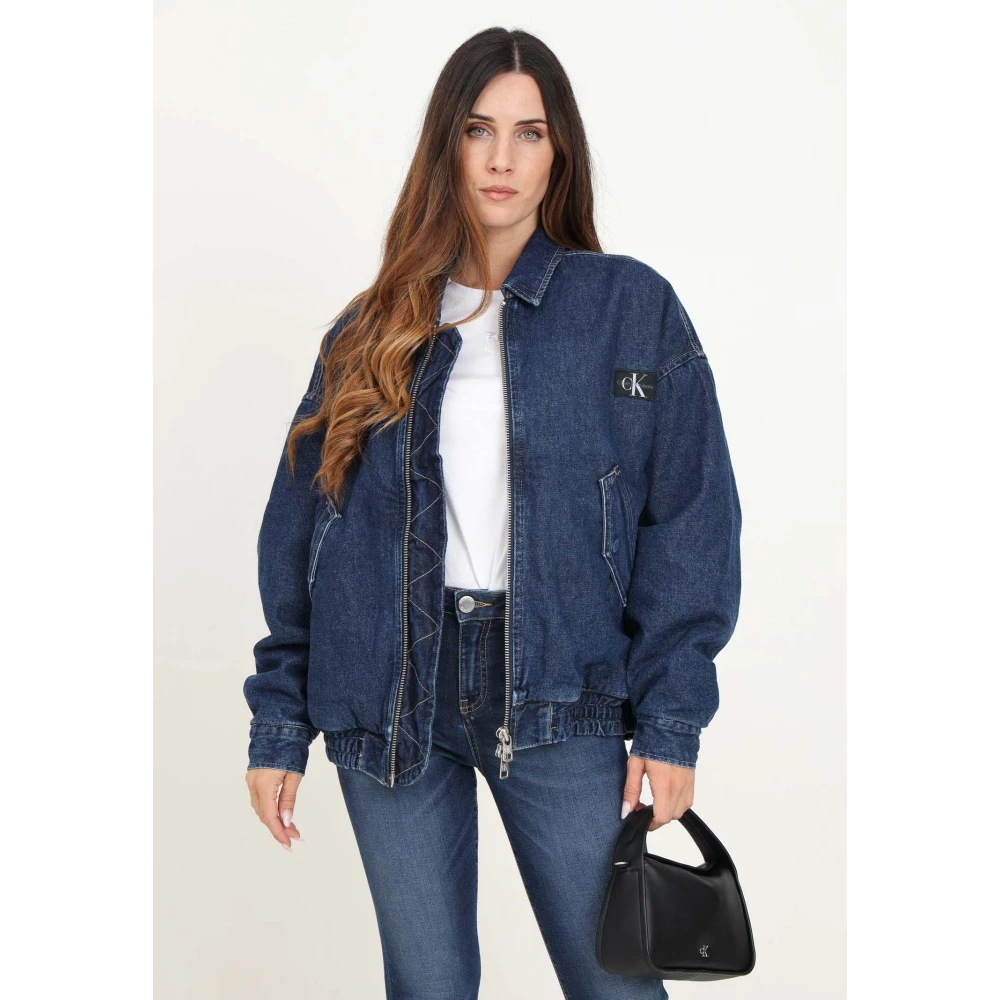 Calvin Klein Jeans Blauwe Denim Bomberjack met Logopatch Blue Dames