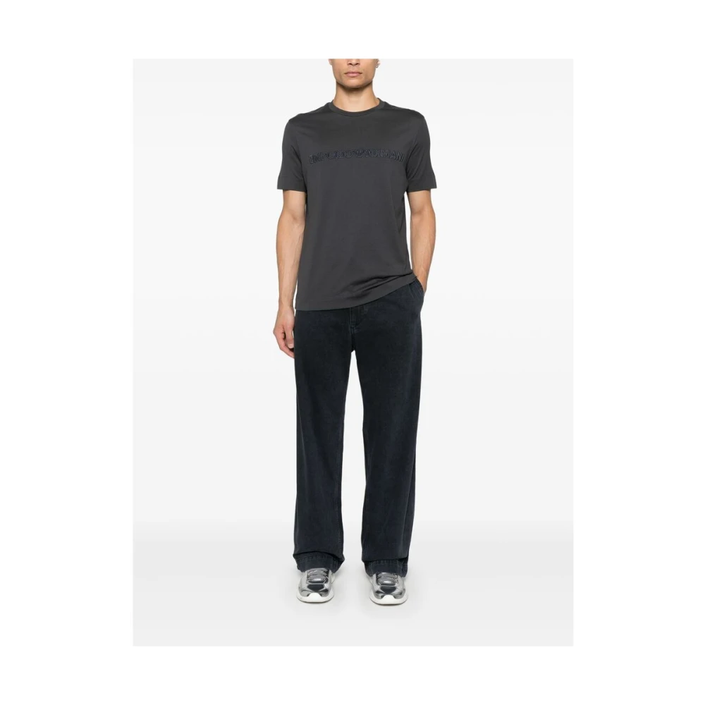 Emporio Armani Zwart Blauw Katoenen Twill Wijde Pijp Broek Black Heren