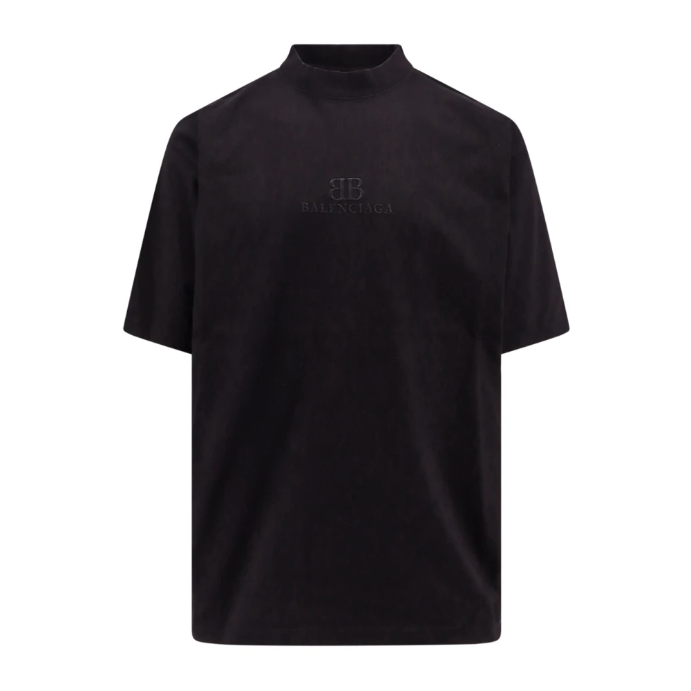 Balenciaga Zwart Geribbeld T-shirt met Logo Borduursel Black Heren