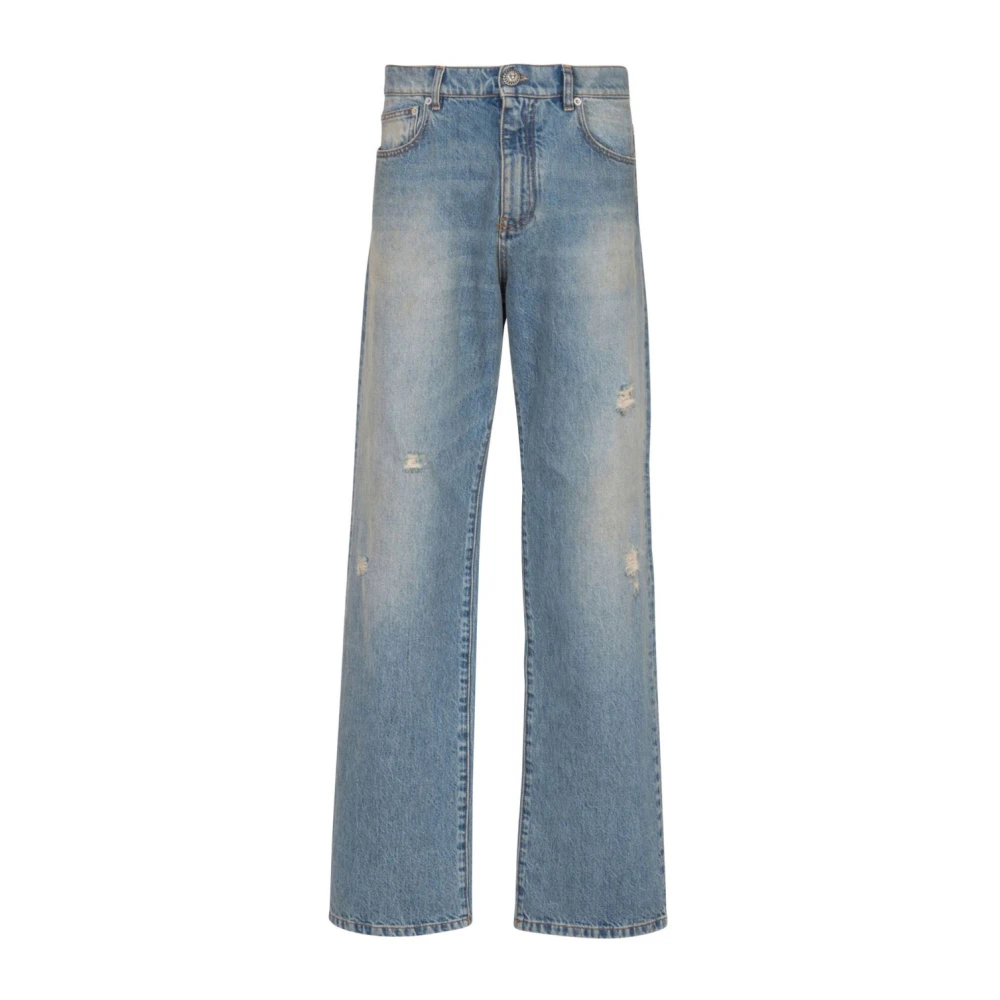 Balmain Hoge Taille Gescheurde Jeans met Lussen Blue Heren