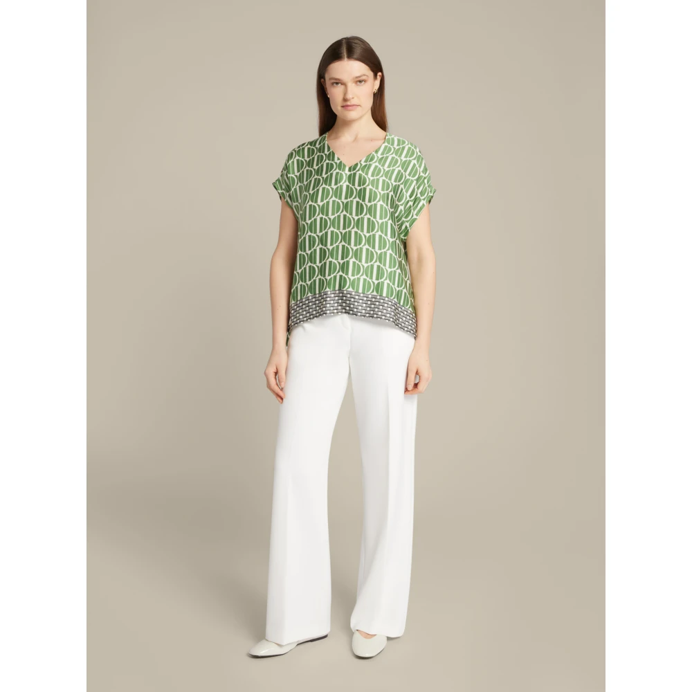 Elena Mirò Geometrische Print Satijnen Blouse Green Dames