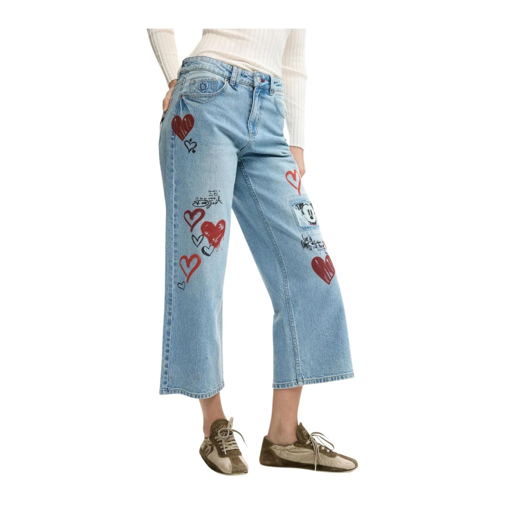 Desigual Women's Blue Wide Leg Embroidered Jeans - Cropped Jeans - Xs- Jeans