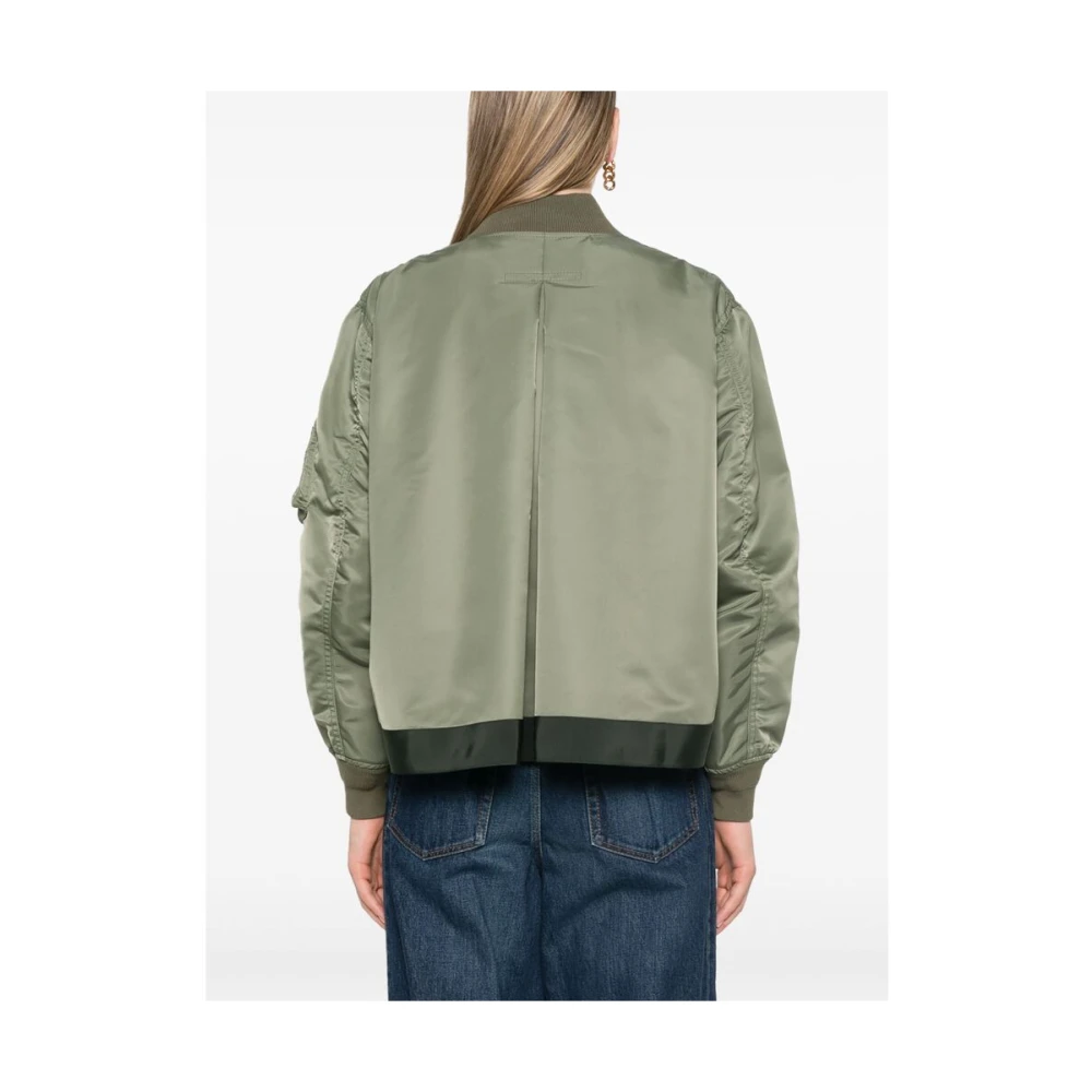Sacai Khaki Geribbelde Kraag Jas Green Dames