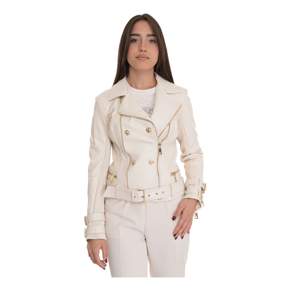 Guess Faux läder bikerjacka med knappar Beige, Dam