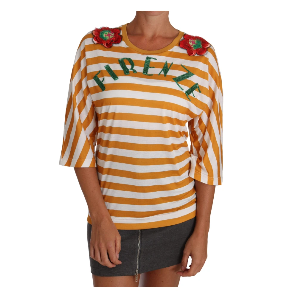 Dolce & Gabbana Women's Orange T-Shirts, M, Firze Floral Sequined T-Shirt