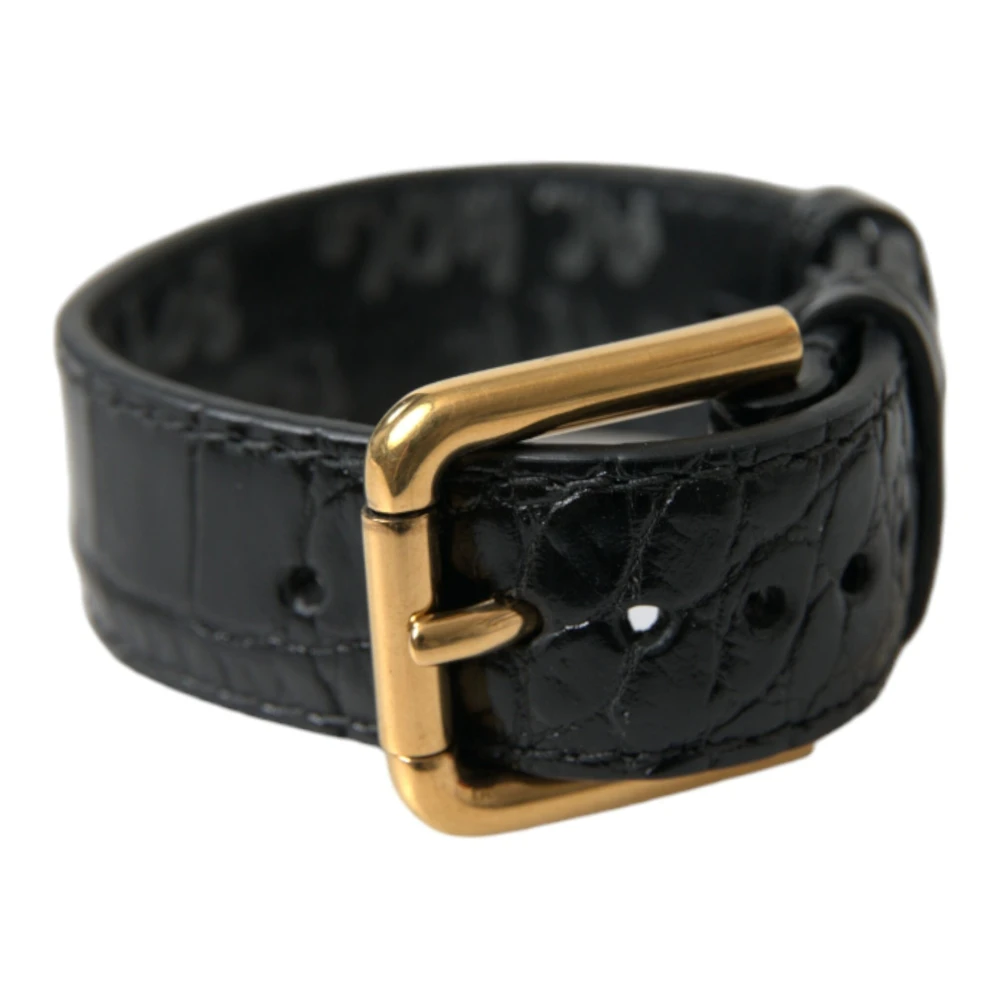 Dolce & Gabbana Women's Black Belts, One Size, Textured Leather Gold Buckle Bracelet
