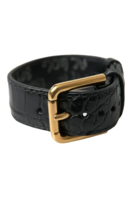 Svart Strukturerat Läder Guldspänne Armband