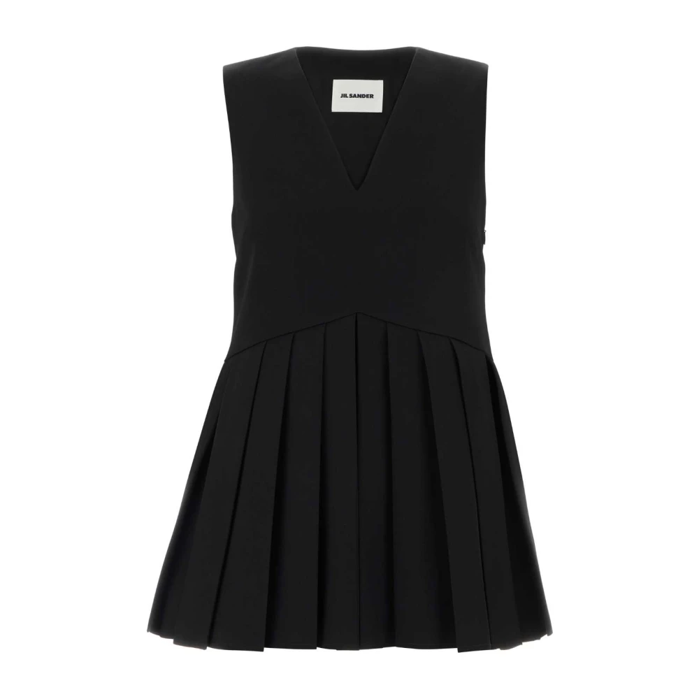 Jil Sander Women's Black Wool Gabardine Pleated Top - Blouses - S - Blouses & Shirts