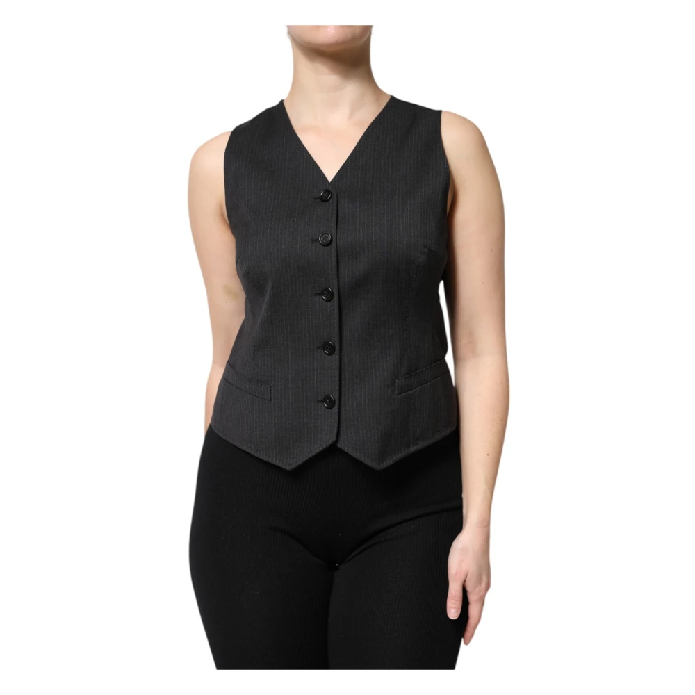 Dolce & Gabbana Women's Black Striped Button Down Sleeveless Vest Top
