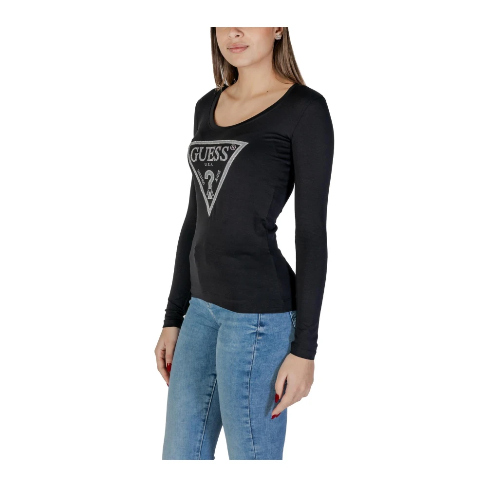 Guess Zwart Rhinestone Logo Longsleeve Tee Black Dames